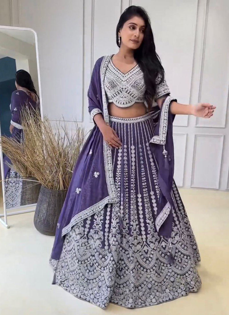 Wedding Wear Coding Dori Embroidered Purple Georgette Lehenga Choli