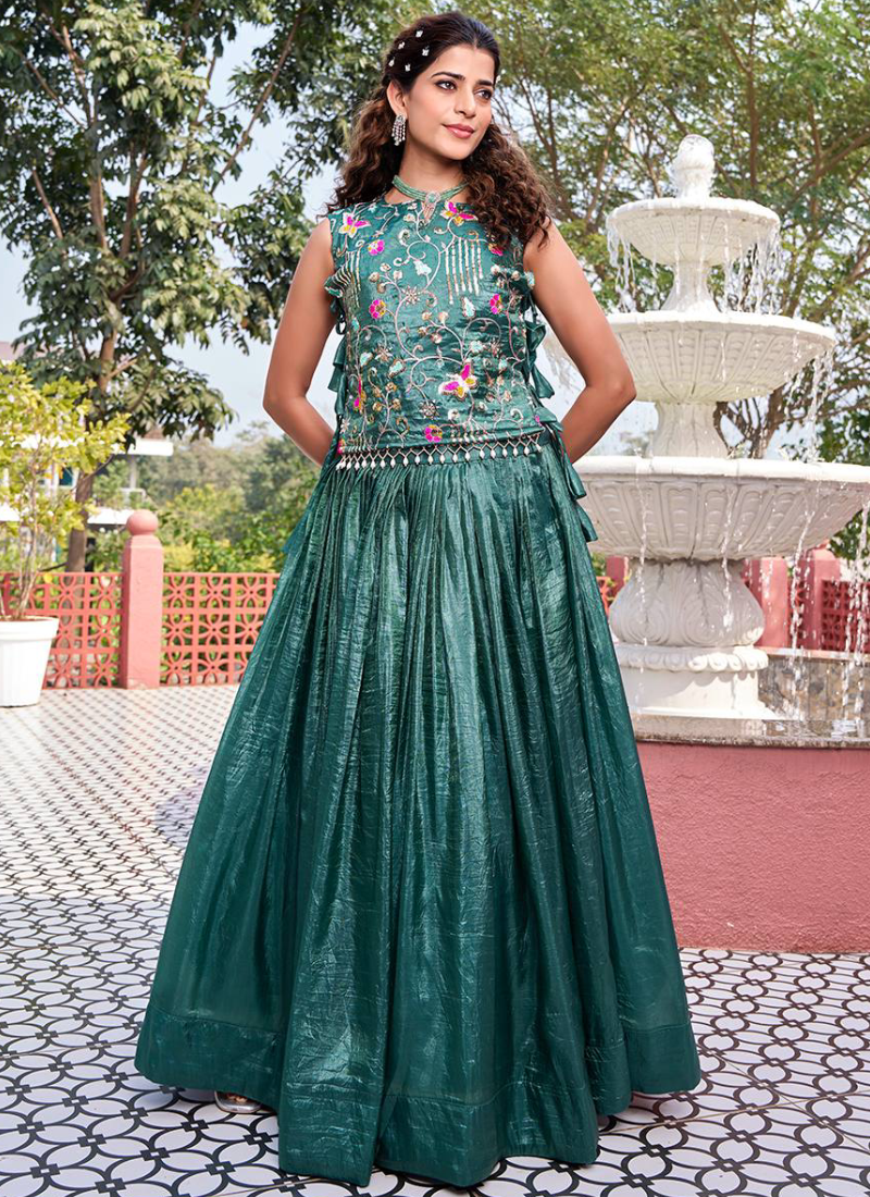 Wedding Wear Embroidered Designer Rama Green Lehenga Choli With Shrug