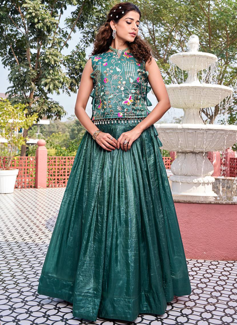 Wedding Wear Embroidered Designer Rama Green Lehenga Choli With Shrug