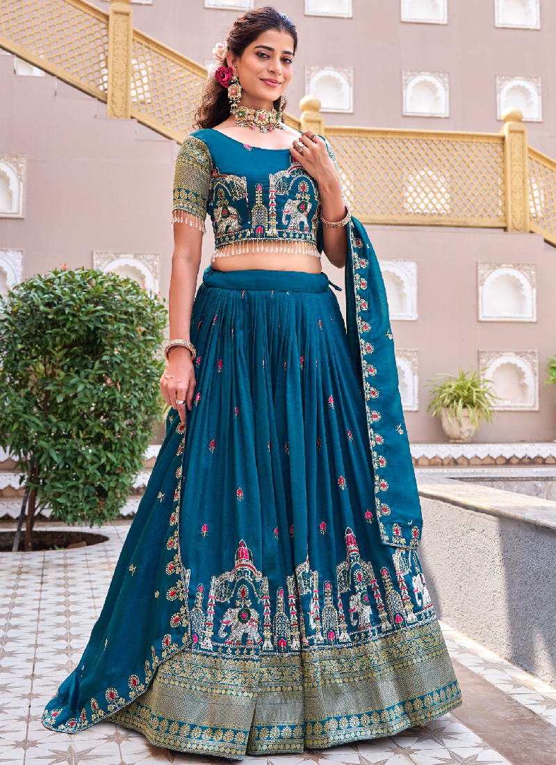Wedding Wear Zari Embroidered Vichitra Silk Teal Blue Lehenga Choli