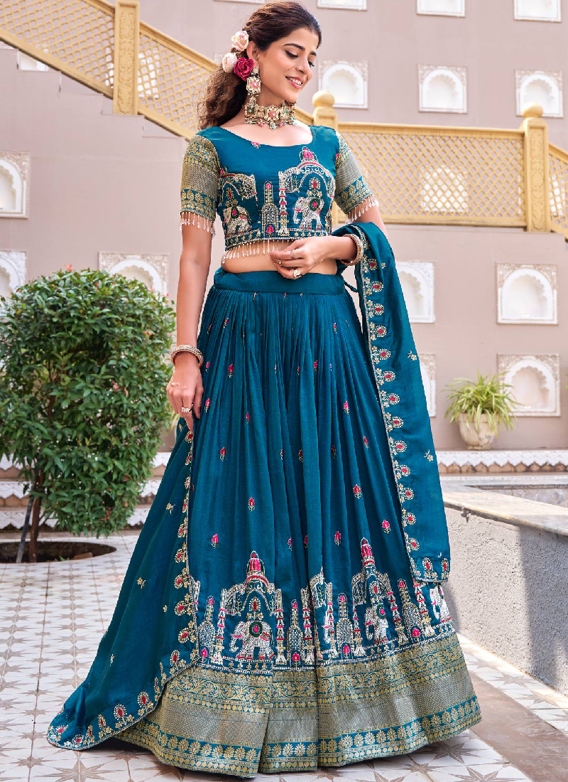 Wedding Wear Zari Embroidered Vichitra Silk Teal Blue Lehenga Choli