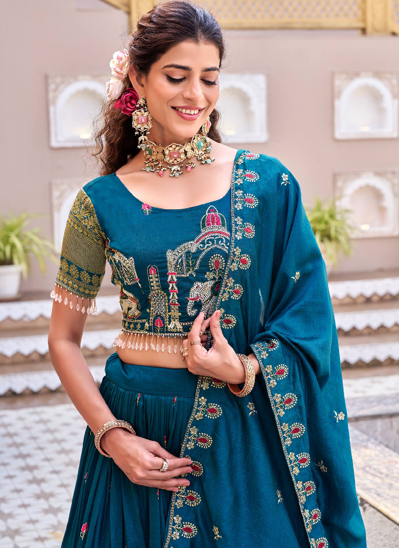 Wedding Wear Zari Embroidered Vichitra Silk Teal Blue Lehenga Choli