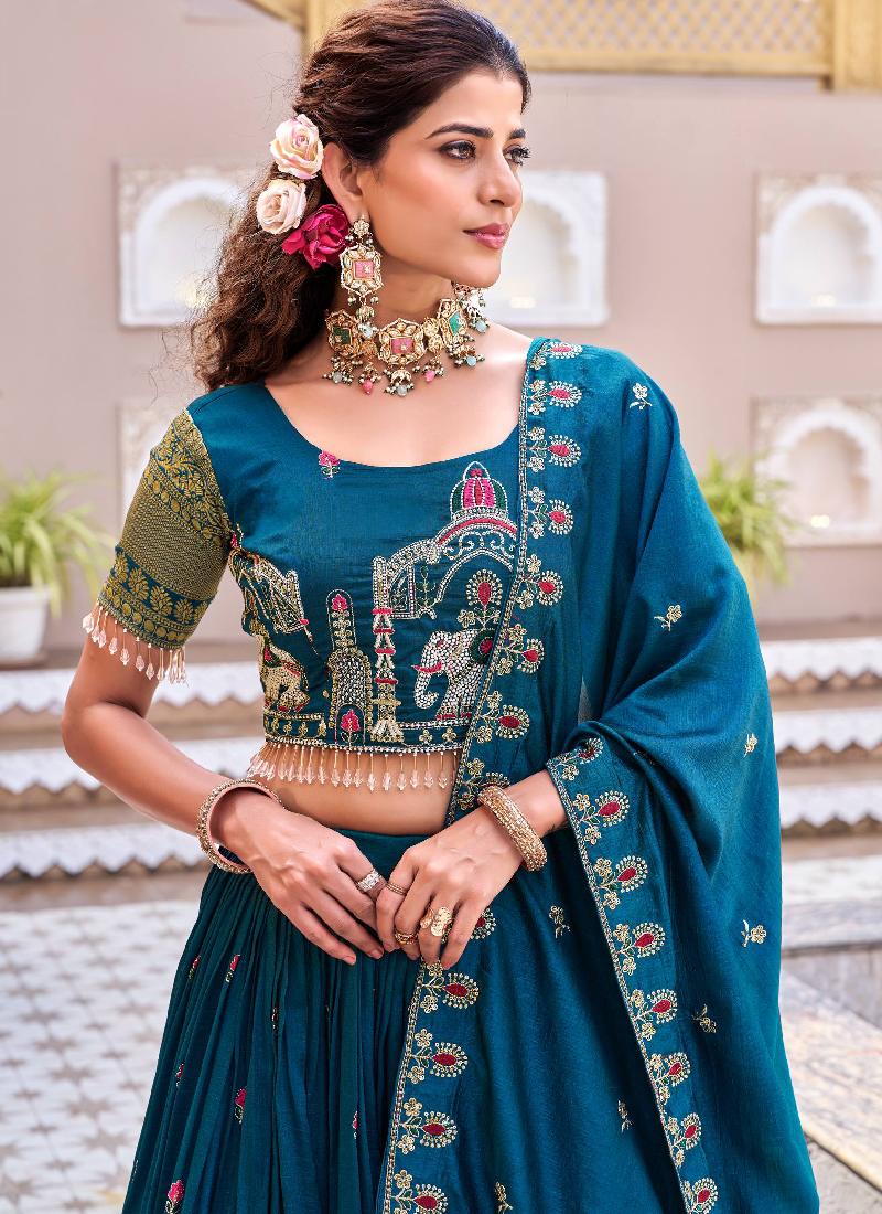 Wedding Wear Zari Embroidered Vichitra Silk Teal Blue Lehenga Choli