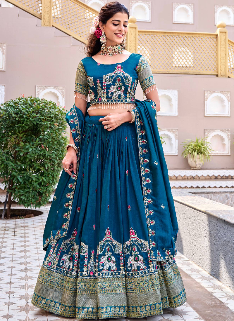 Wedding Wear Zari Embroidered Vichitra Silk Teal Blue Lehenga Choli