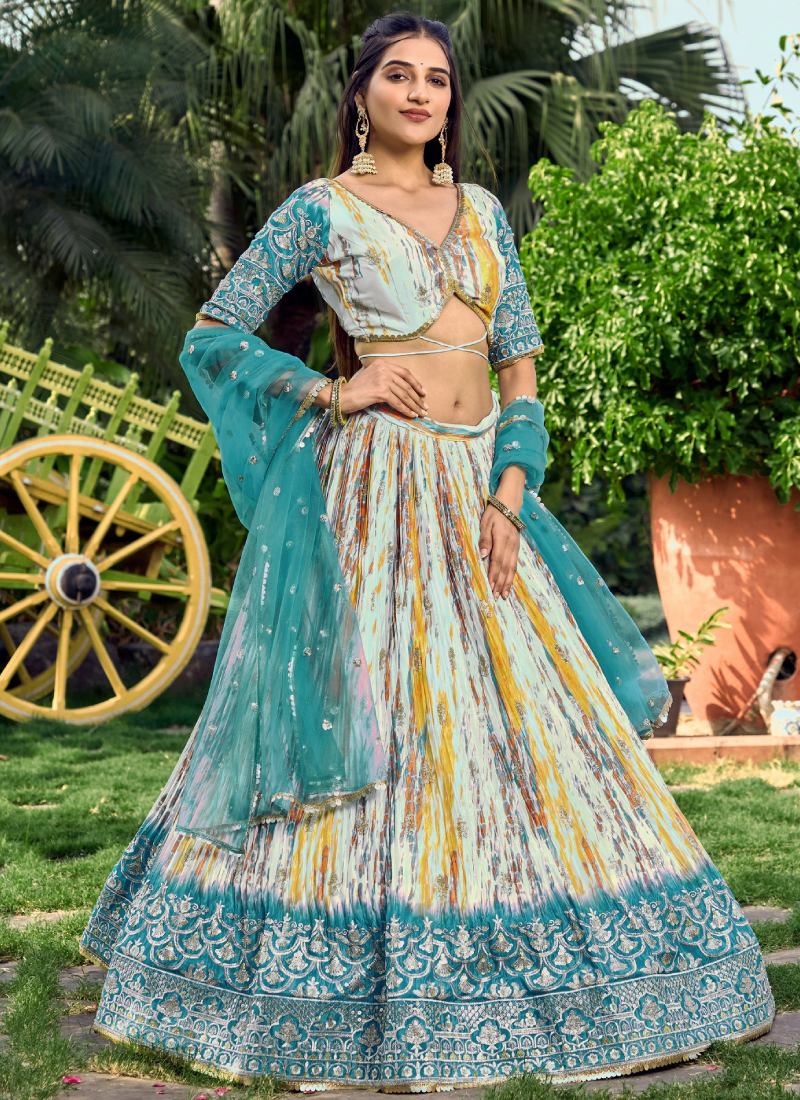 White And Sky Blue Chinon Silk Shibori Printed Sequence Work Lehenga