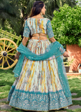 White And Sky Blue Chinon Silk Shibori Printed Sequence Work Lehenga