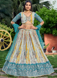 White And Sky Blue Chinon Silk Shibori Printed Sequence Work Lehenga