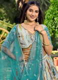 White And Sky Blue Chinon Silk Shibori Printed Sequence Work Lehenga