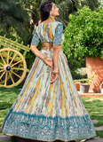 White And Sky Blue Chinon Silk Shibori Printed Sequence Work Lehenga