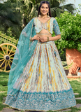 White And Sky Blue Chinon Silk Shibori Printed Sequence Work Lehenga