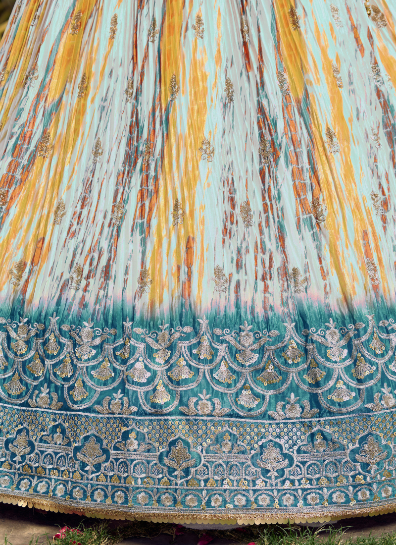 White And Sky Blue Chinon Silk Shibori Printed Sequence Work Lehenga