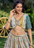 White And Sky Blue Chinon Silk Shibori Printed Sequence Work Lehenga