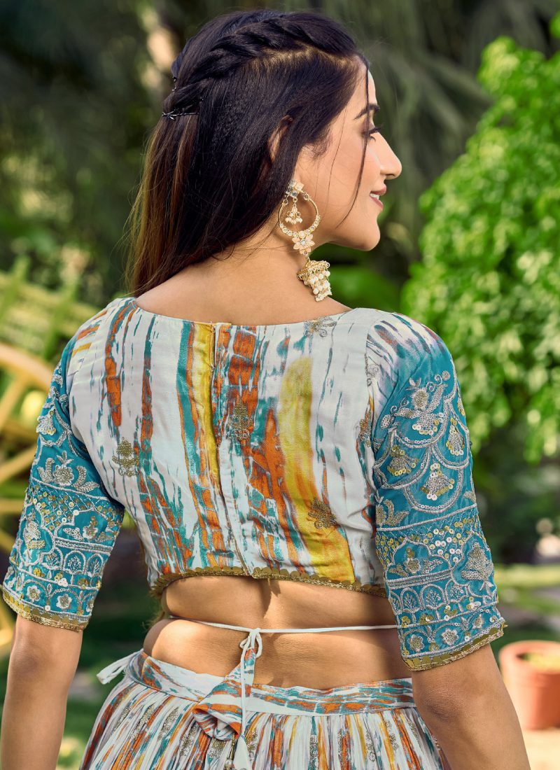 White And Sky Blue Chinon Silk Shibori Printed Sequence Work Lehenga