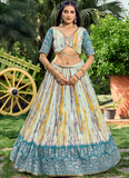 White And Sky Blue Chinon Silk Shibori Printed Sequence Work Lehenga