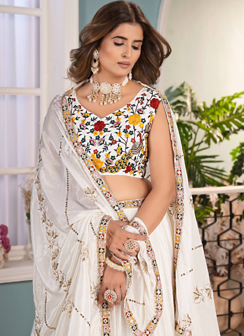 White Chinon Silk Floral Embroidered Lehenga Choli With Dupatta