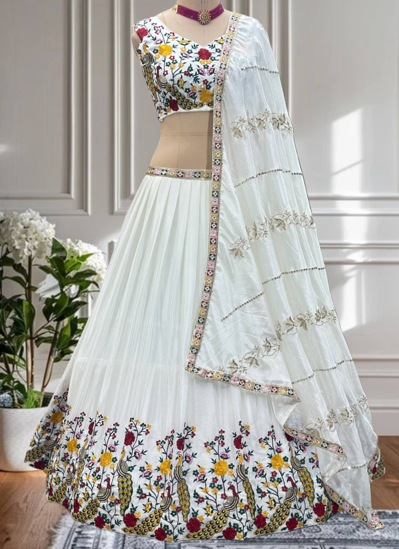 White Chinon Silk Floral Embroidered Lehenga Choli With Dupatta