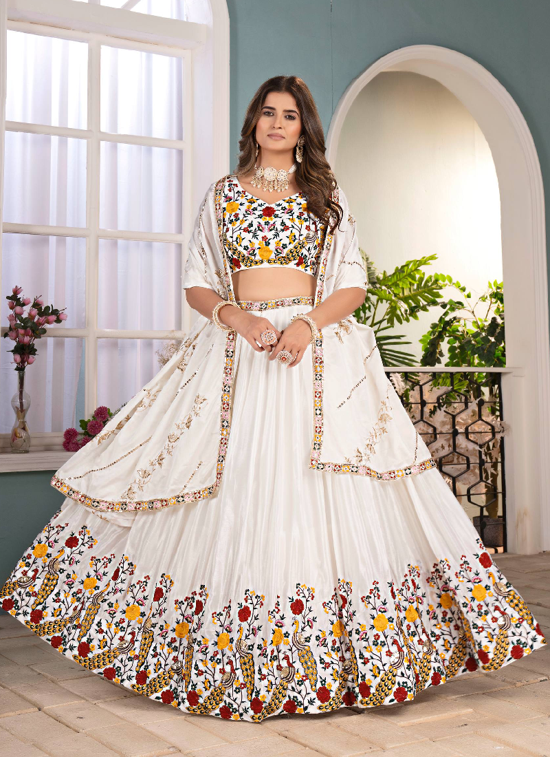 White Chinon Silk Floral Embroidered Lehenga Choli With Dupatta