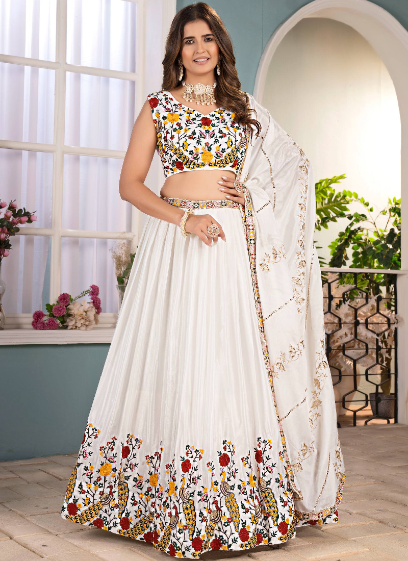 White Chinon Silk Floral Embroidered Lehenga Choli With Dupatta