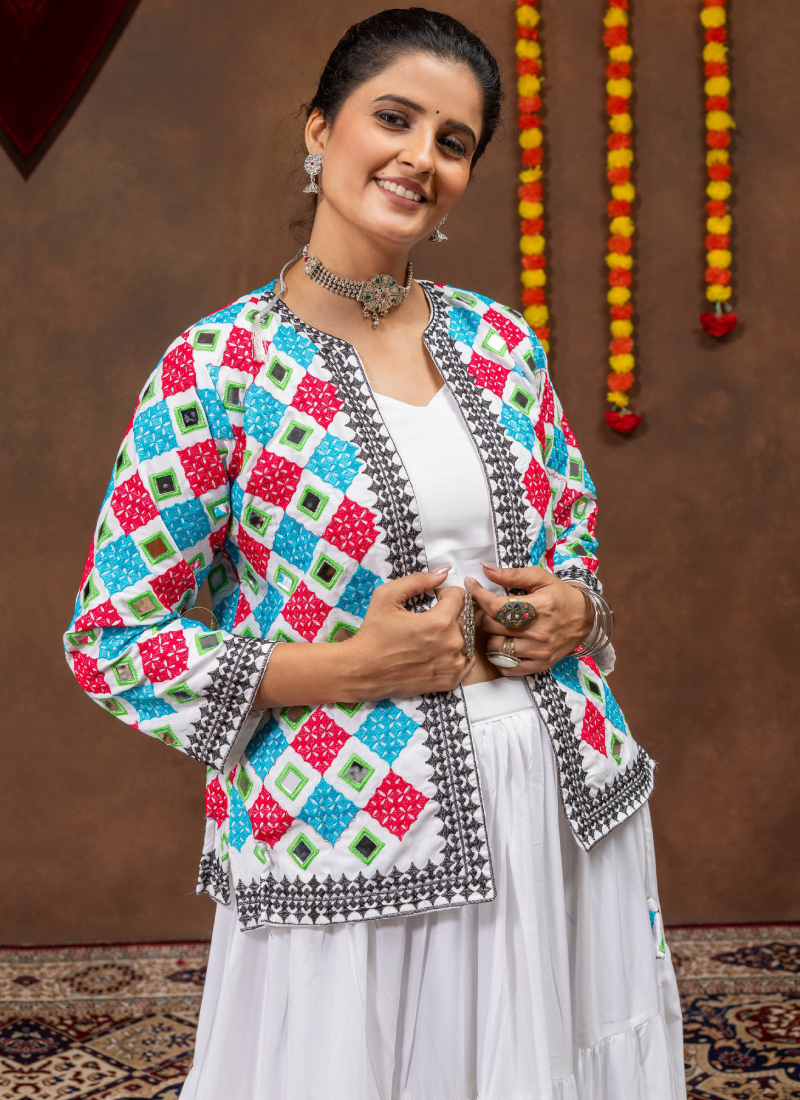White Pure Rayon Lehenga Choli With Embroidered Real Mirror Work Koti