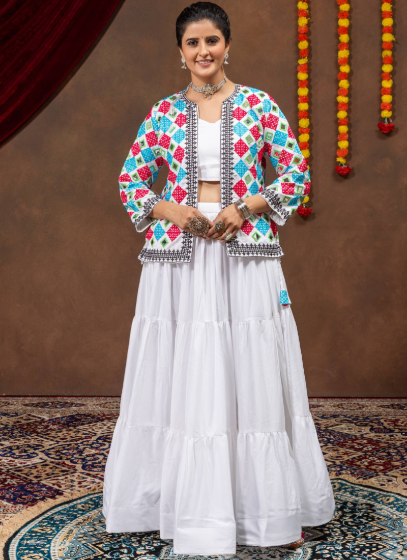 White Pure Rayon Lehenga Choli With Embroidered Real Mirror Work Koti