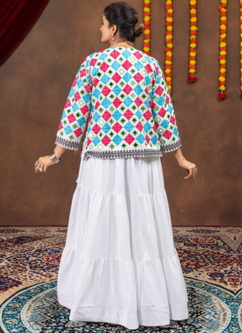 White Pure Rayon Lehenga Choli With Embroidered Real Mirror Work Koti