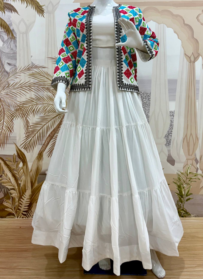 White Pure Rayon Lehenga Choli With Embroidered Real Mirror Work Koti