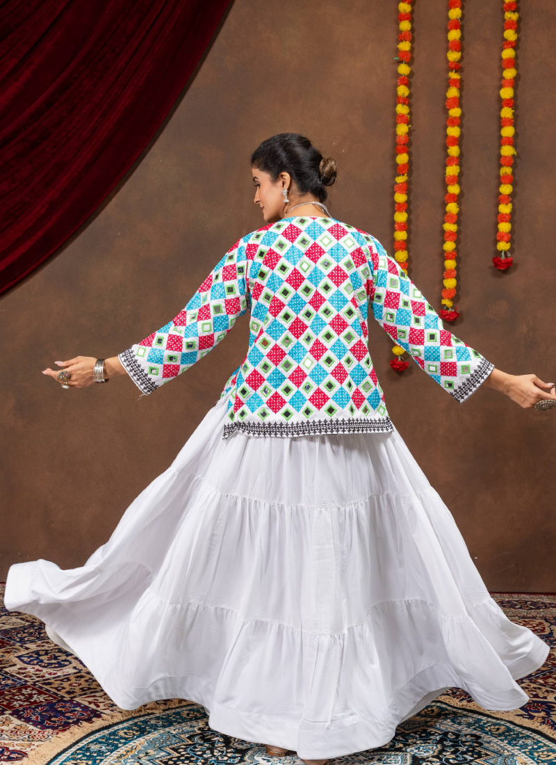 White Pure Rayon Lehenga Choli With Embroidered Real Mirror Work Koti