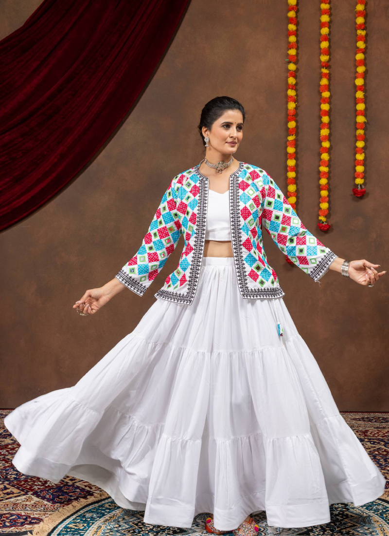 White Pure Rayon Lehenga Choli With Embroidered Real Mirror Work Koti