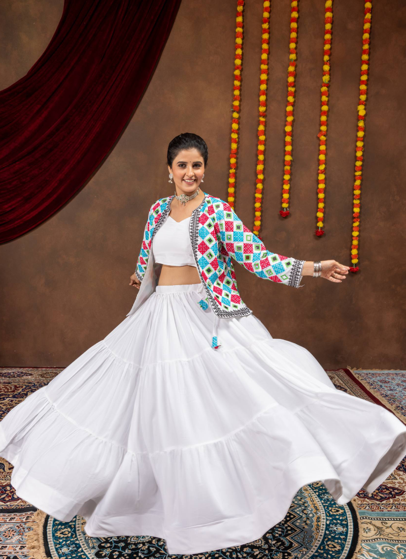 White Pure Rayon Lehenga Choli With Embroidered Real Mirror Work Koti