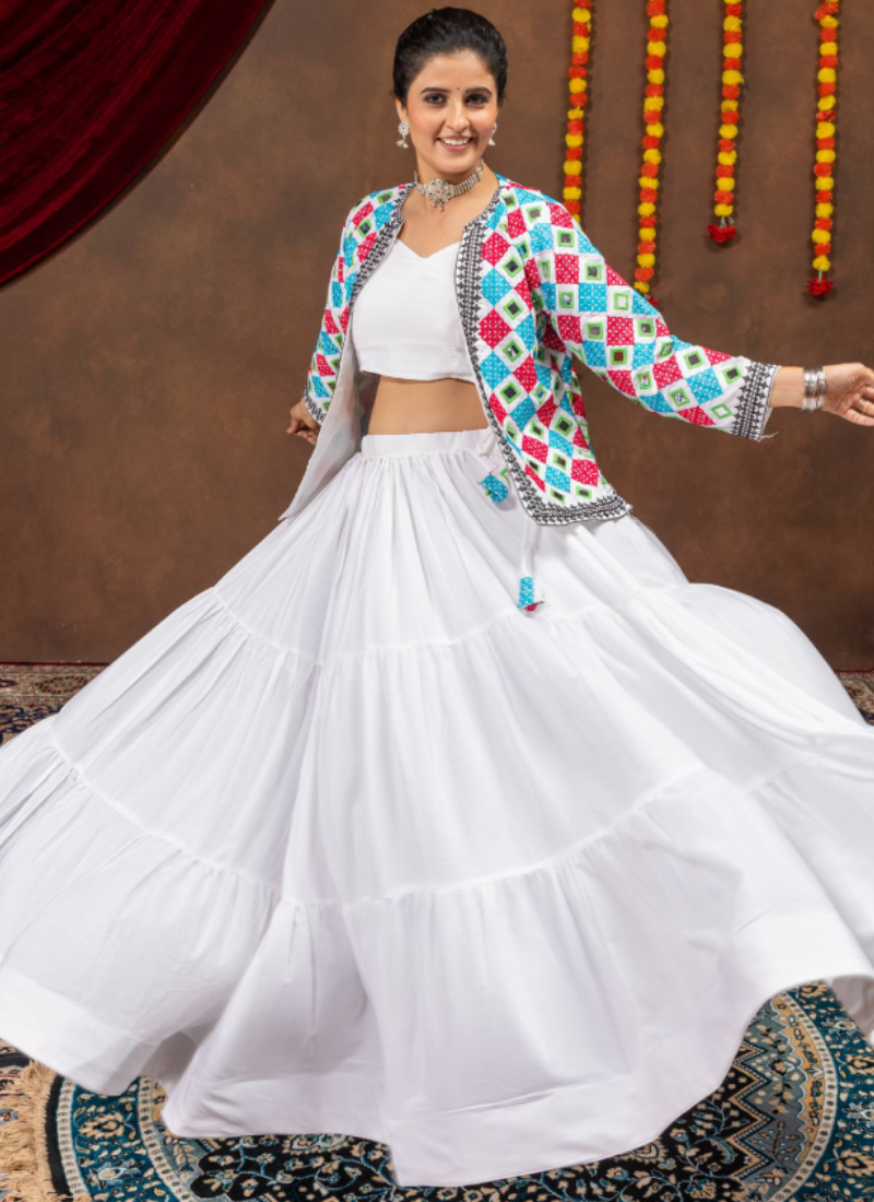 White Pure Rayon Lehenga Choli With Embroidered Real Mirror Work Koti