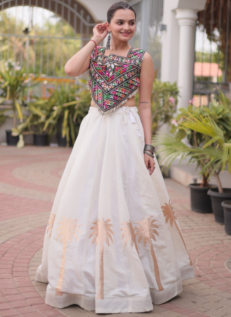 White Pure Roman Navratri Wear Elegant Coconut Gota Work Lehenga Choli