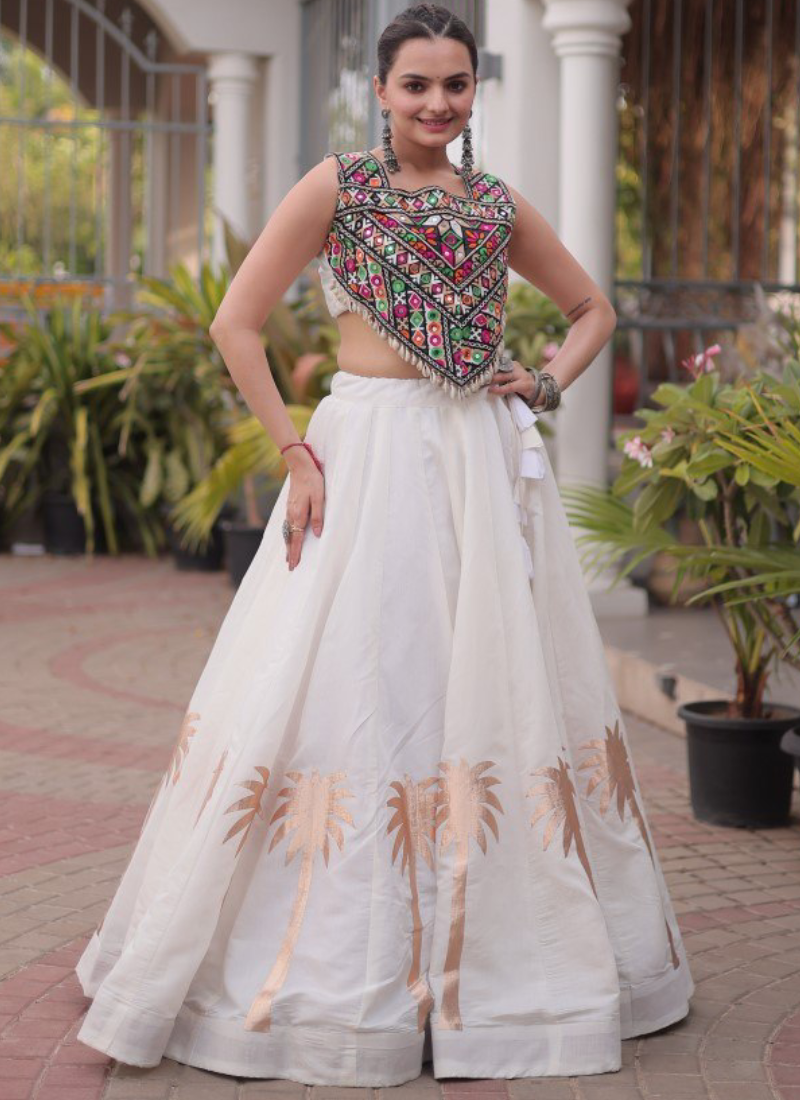 White Pure Roman Navratri Wear Elegant Coconut Gota Work Lehenga Choli