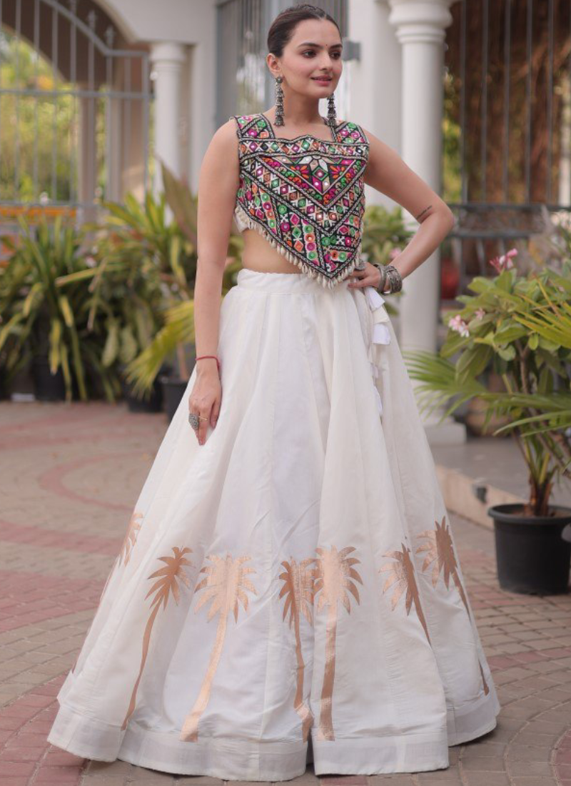 White Pure Roman Navratri Wear Elegant Coconut Gota Work Lehenga Choli