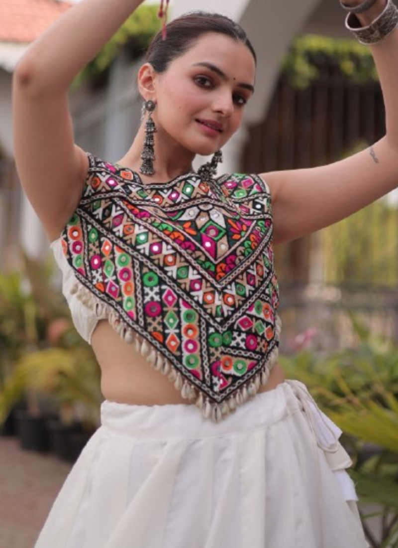 White Pure Roman Navratri Wear Elegant Coconut Gota Work Lehenga Choli