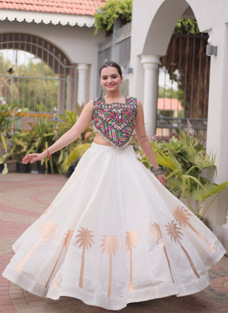 White Pure Roman Navratri Wear Elegant Coconut Gota Work Lehenga Choli