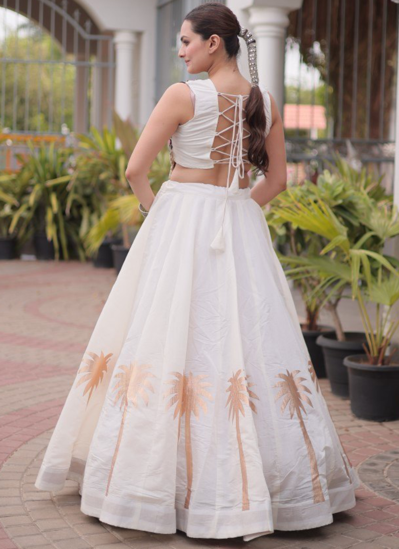White Pure Roman Navratri Wear Elegant Coconut Gota Work Lehenga Choli