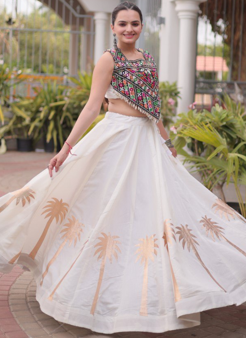 White Pure Roman Navratri Wear Elegant Coconut Gota Work Lehenga Choli