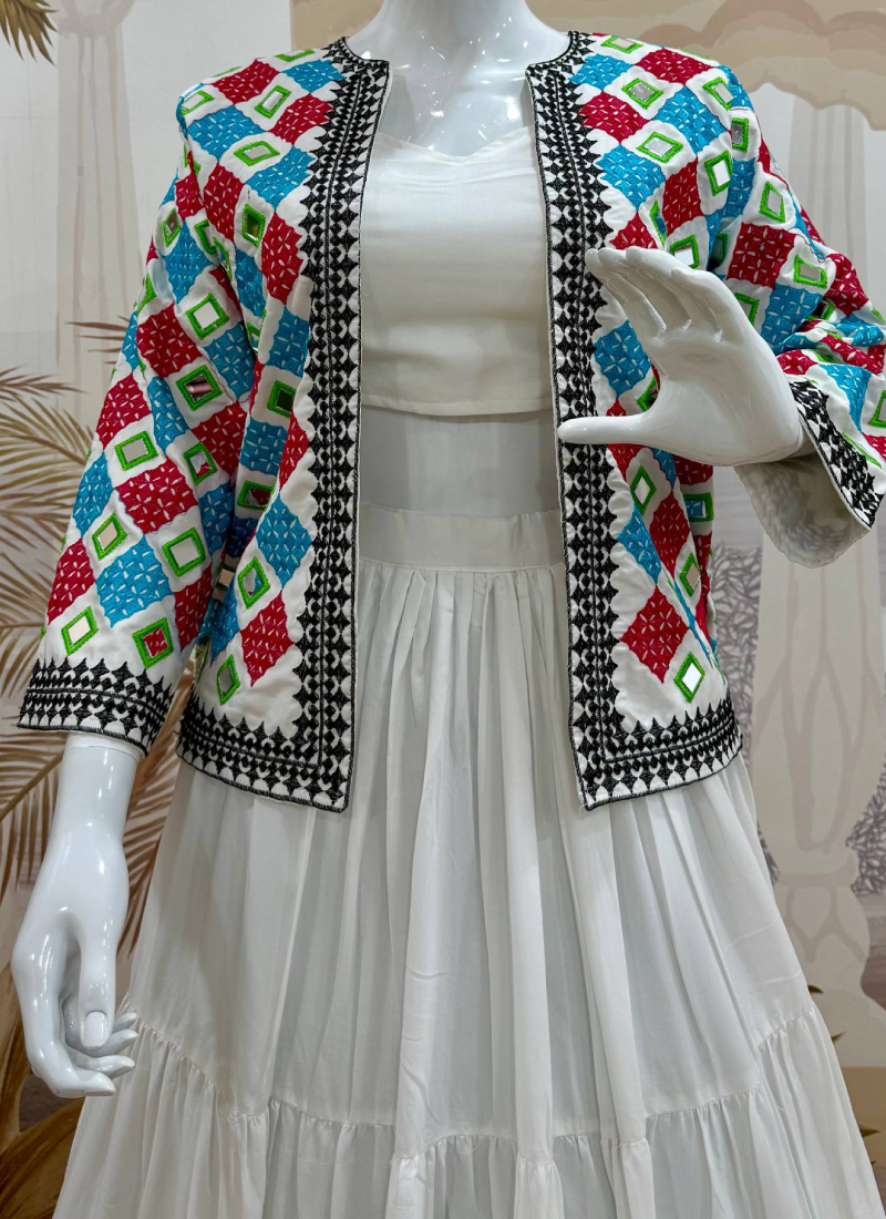 White Pure Rayon Lehenga Choli With Embroidered Real Mirror Work Koti