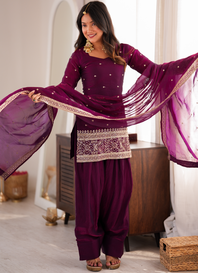 Wine Heavy Fandy Silk Zari Sequence Embroidery Farshi Salwar Suit Set
