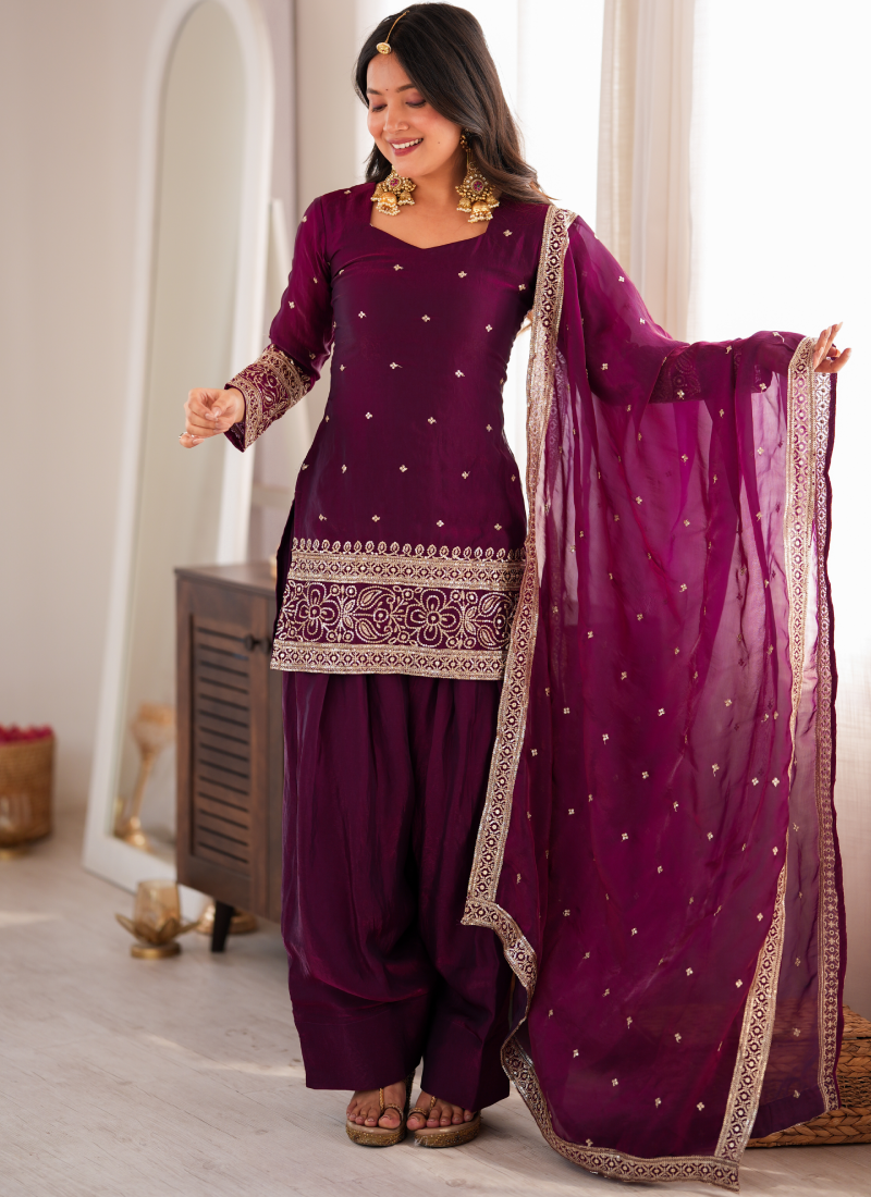 Wine Heavy Fandy Silk Zari Sequence Embroidery Farshi Salwar Suit Set