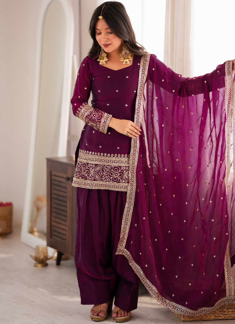 Wine Heavy Fandy Silk Zari Sequence Embroidery Farshi Salwar Suit Set