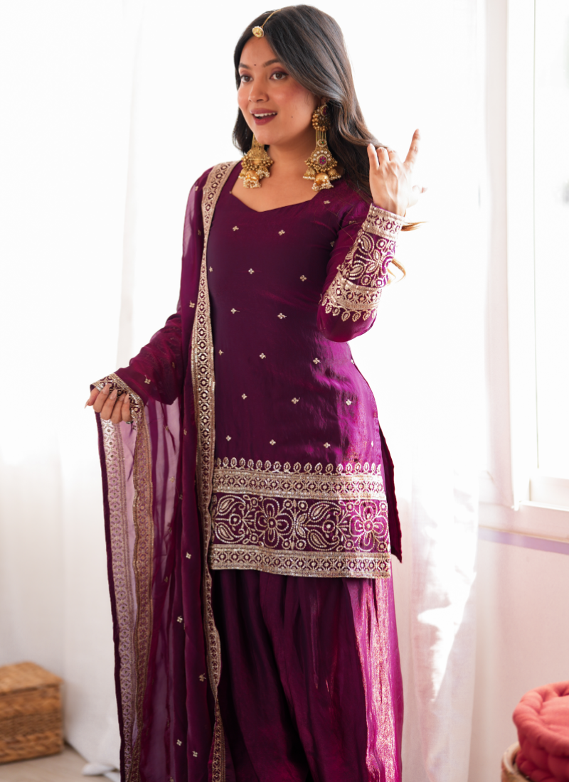 Wine Heavy Fandy Silk Zari Sequence Embroidery Farshi Salwar Suit Set