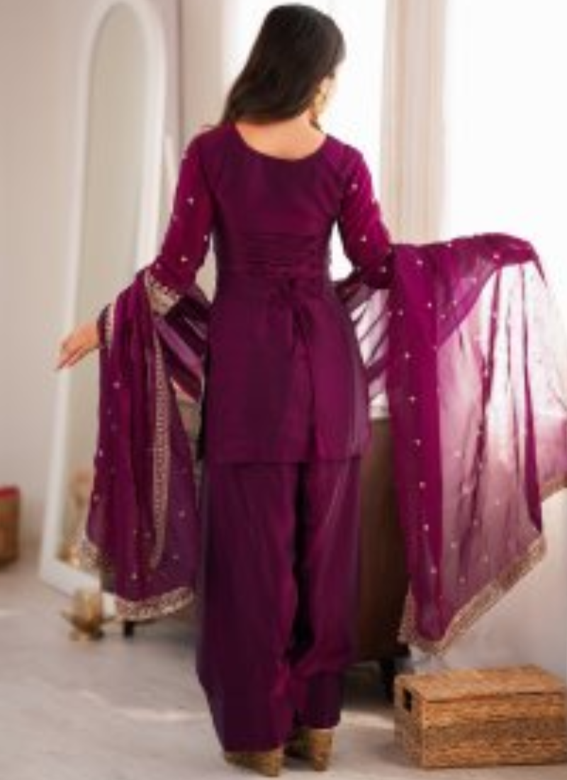 Wine Heavy Fandy Silk Zari Sequence Embroidery Farshi Salwar Suit Set