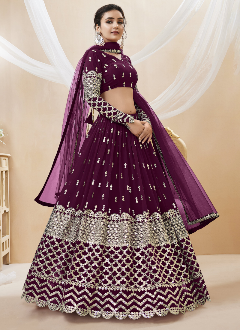 Wine Zari Embroidered Georgette Lehenga Choli For Sangeet