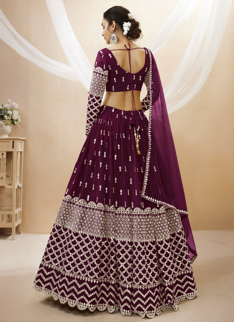 Wine Zari Embroidered Georgette Lehenga Choli For Sangeet