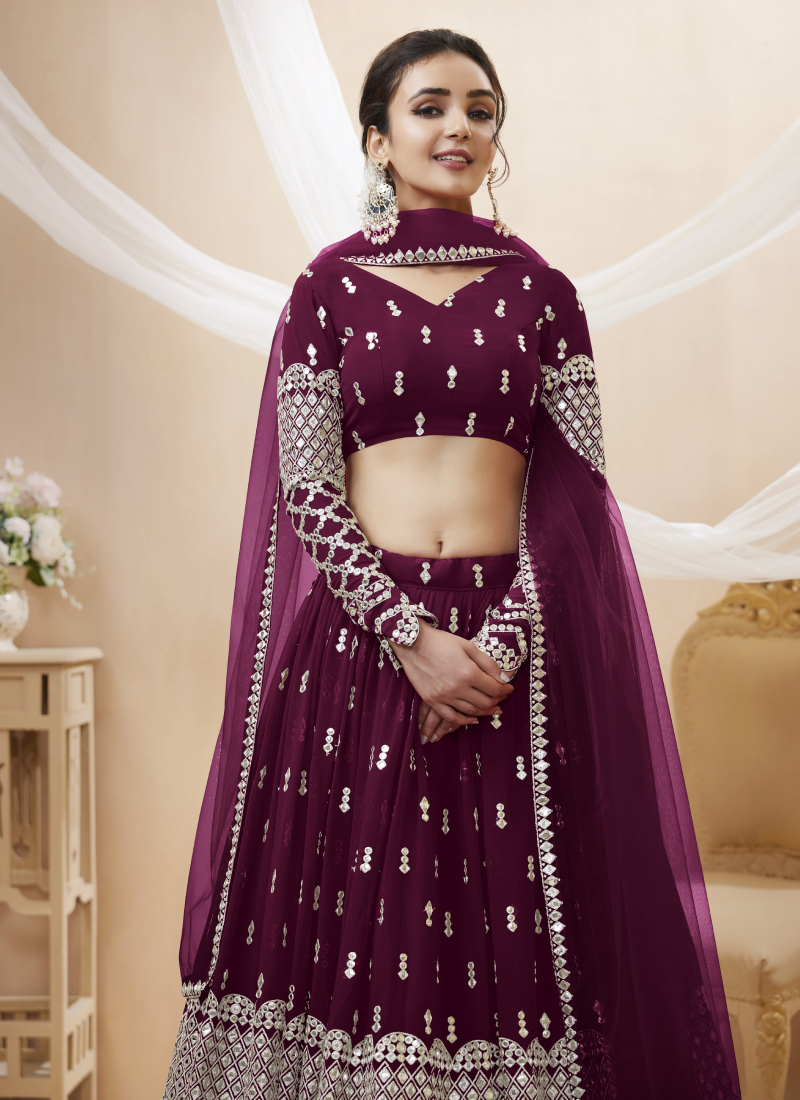 Wine Zari Embroidered Georgette Lehenga Choli For Sangeet