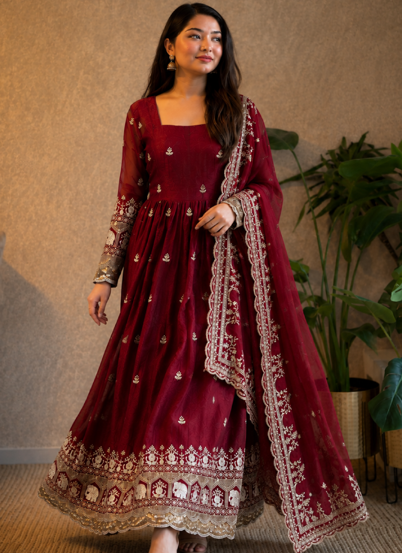 Women Zari Sequence Embroidered Maroon Fandy Satin Anarkali Suit Set
