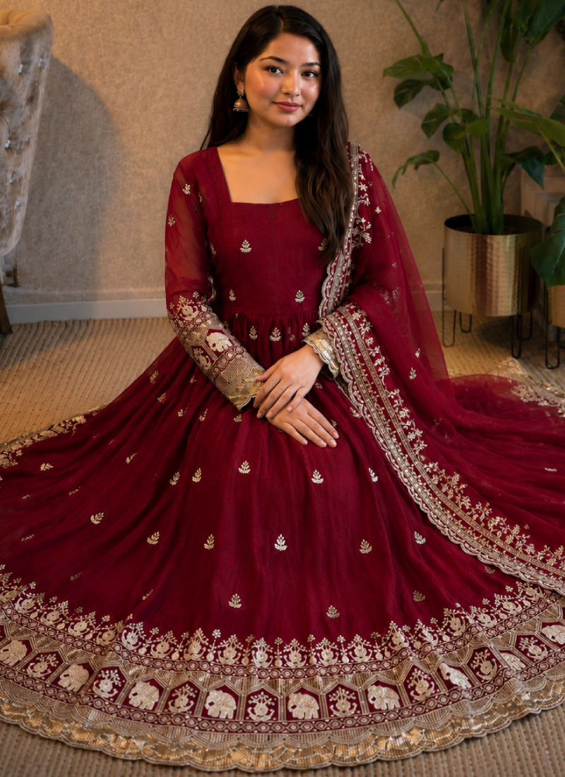 Women Zari Sequence Embroidered Maroon Fandy Satin Anarkali Suit Set