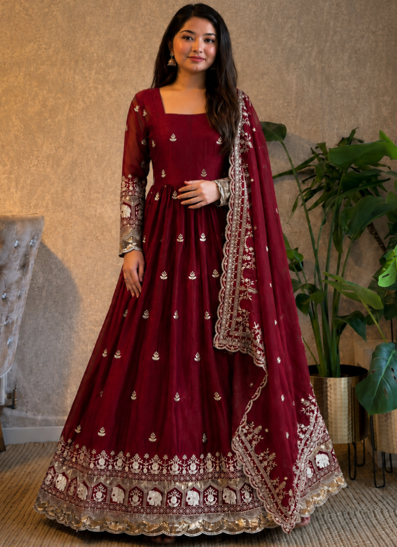 Women Zari Sequence Embroidered Maroon Fandy Satin Anarkali Suit Set
