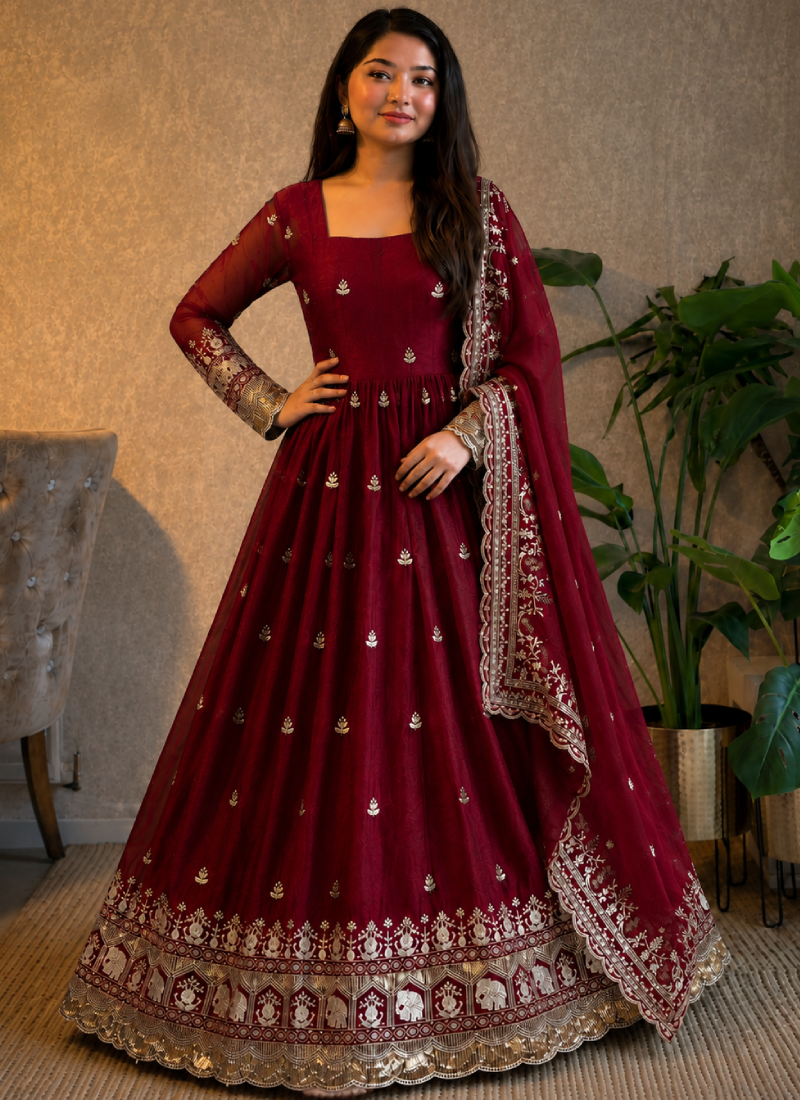 Women Zari Sequence Embroidered Maroon Fandy Satin Anarkali Suit Set